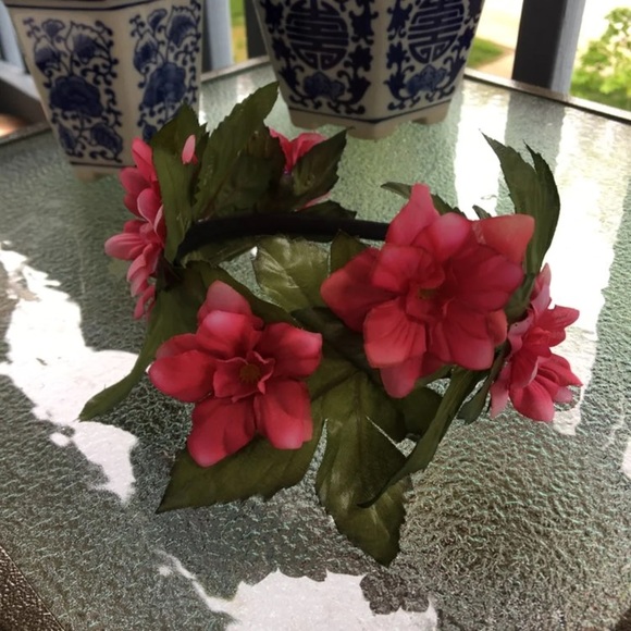 Pink Floral Headband with Forest Green Leaves - Picture 4 of 6